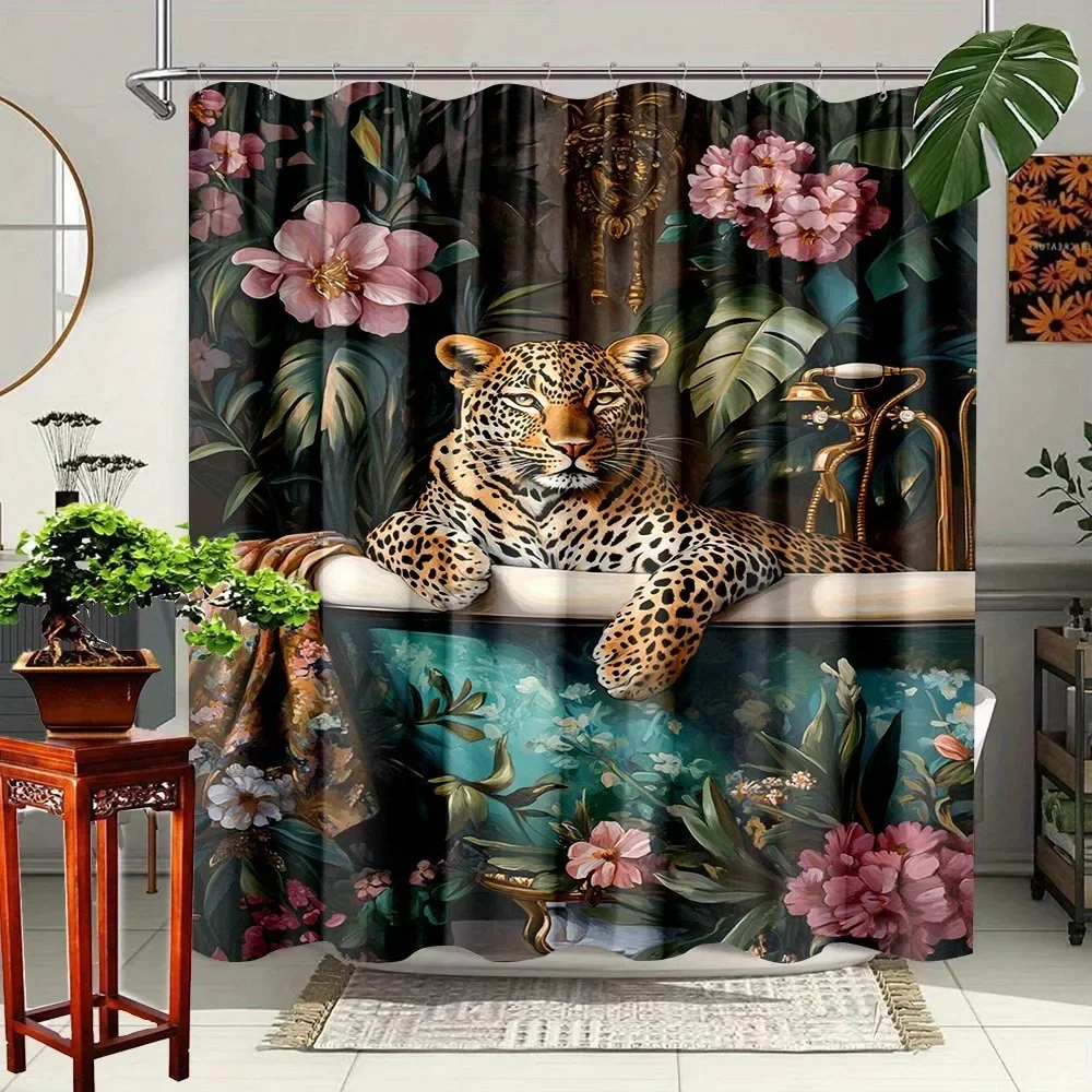 Tropical plants and the energetic leopard Shower Curtain Washable Dirt-Resistant Shower Head waterproof Polyester Bath Curtain