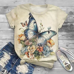 Summer Vintage Butterfly Pattern T-Shirt For Women Insects Plants 3D Printed Tees Casual T Shirts O-Neck Top Loose Short Sleeves