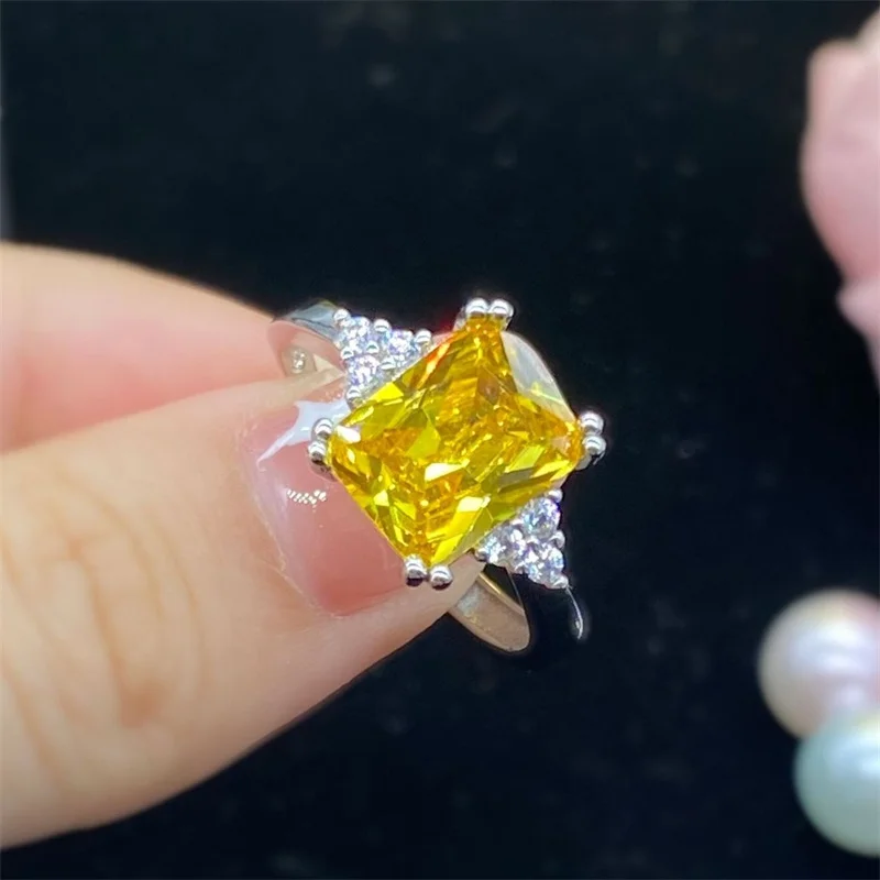 Bright Zircon Square Yellow Ring For Lady Anniversary Accessories Shiny Rectangle Stone Ring Women Index Finger Accessories