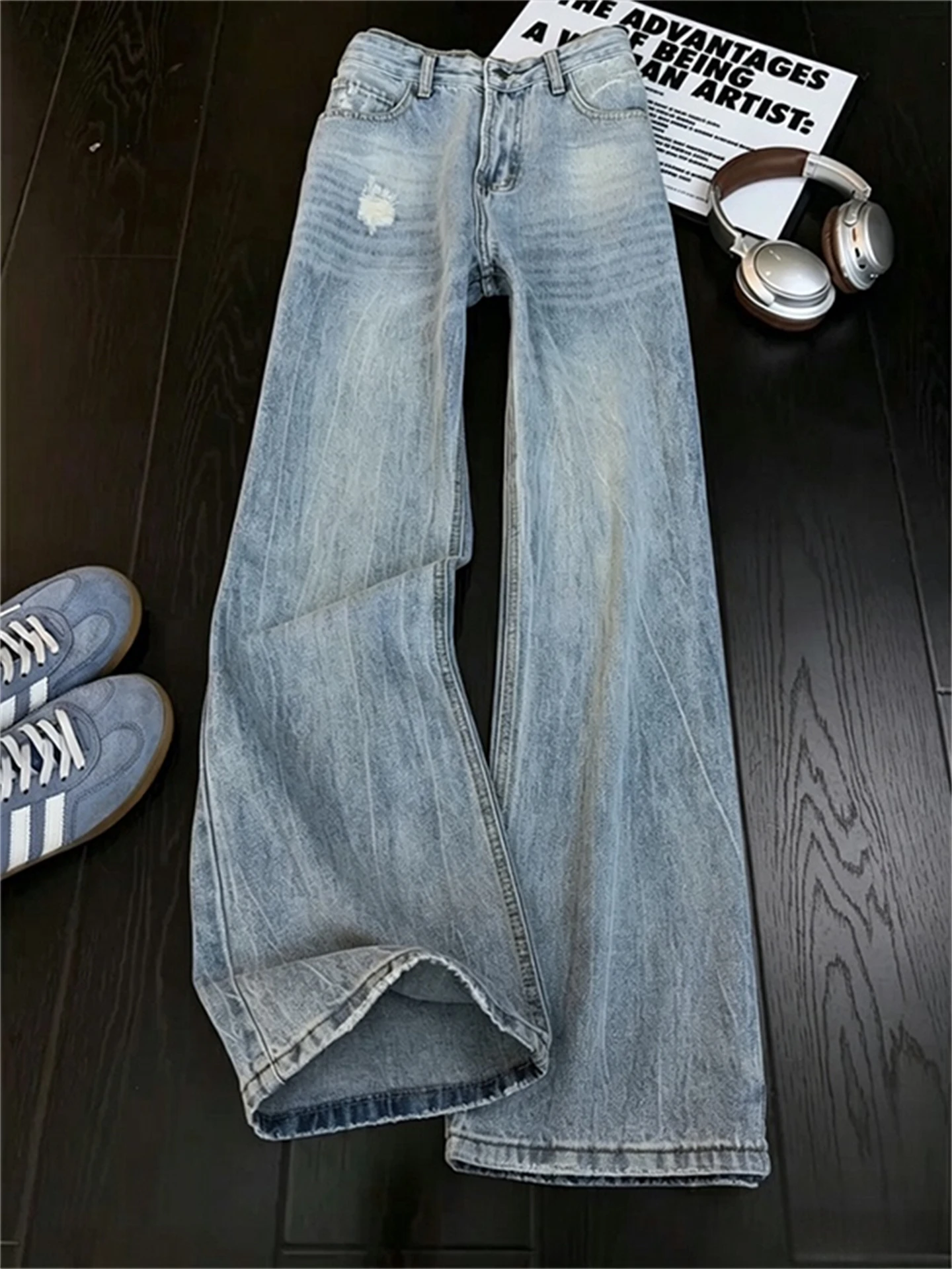 Light Blue Lightning Pattern Men's Jeans Straight Leg American Style Hole High Waist Slimming High-End Feeling Autumn Pants