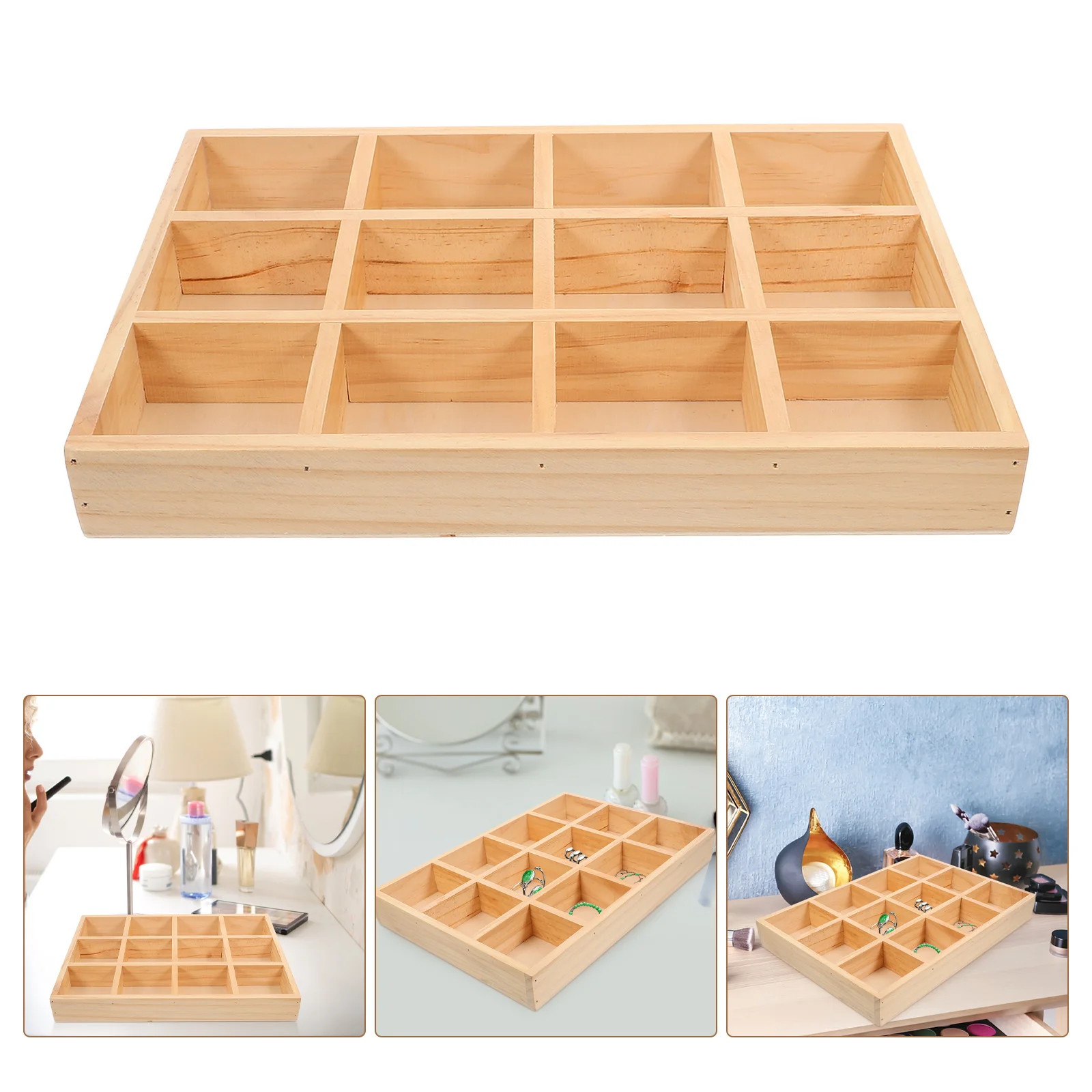 

2pcs Wooden Jewelry Tray Organizer, Multi-Grid Storage Box For Rings Earrings Necklaces Bracelets Watches Keys, Desktop Display