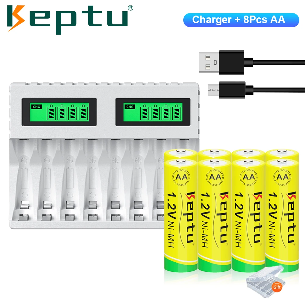 KEPTU 4-20PCS 1.2V AA NIMH Rechargeable AA Battery 2200mAh Low Self Discharge aa nimh Batteries for Camera Toy Car+LCD Charger