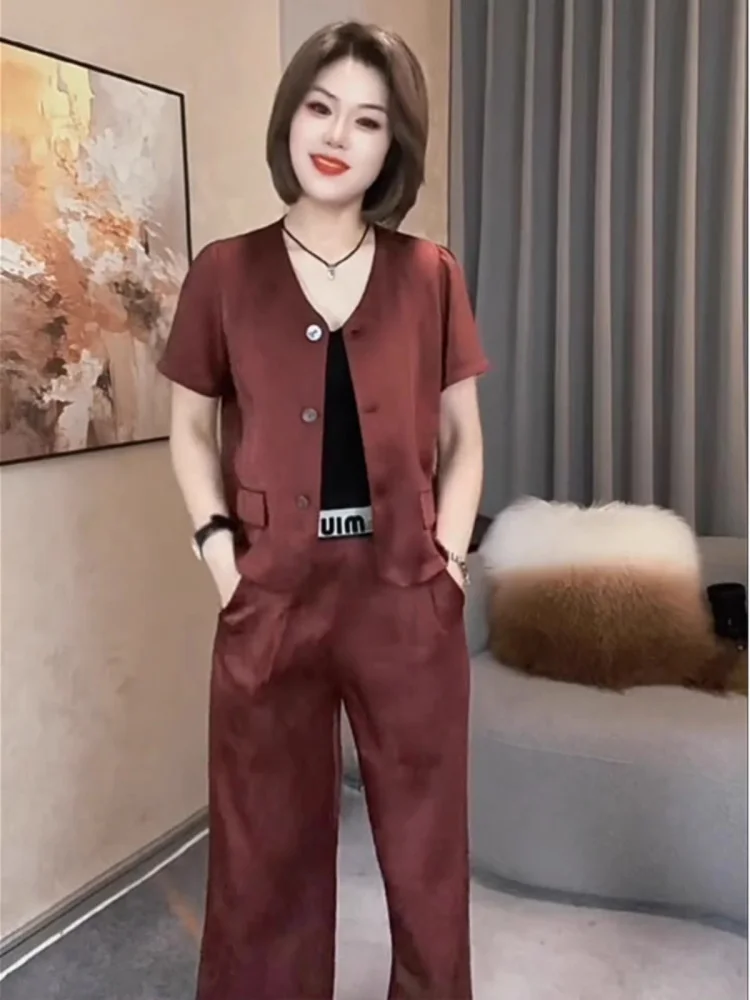 

Casual Fashionable Commute Acetate Suit Set Women's Short Sleeve Wide Leg Pants Two Piece Set Summer High End Sensation