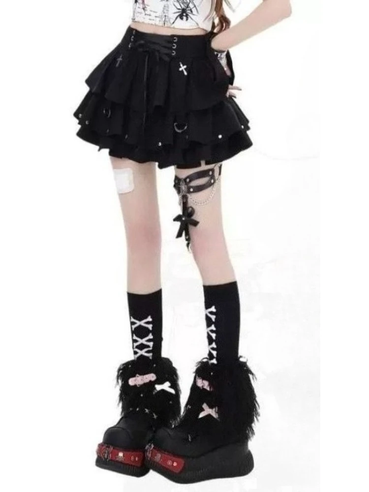 2000s Japan Style Dark Gothic Short Party Skirts Y2k Harajuku Vintage Hot Girl Summer Mini Skirts Subculture Solid A Line Skirts