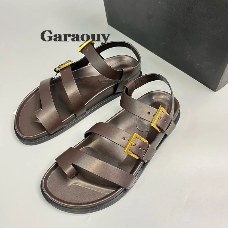 Garaouy Genuine Leather Roman Sandals Summer Outdoor Casual Open Toe Strap Buckle Back Strap Solid Color Fashion Women Sandals