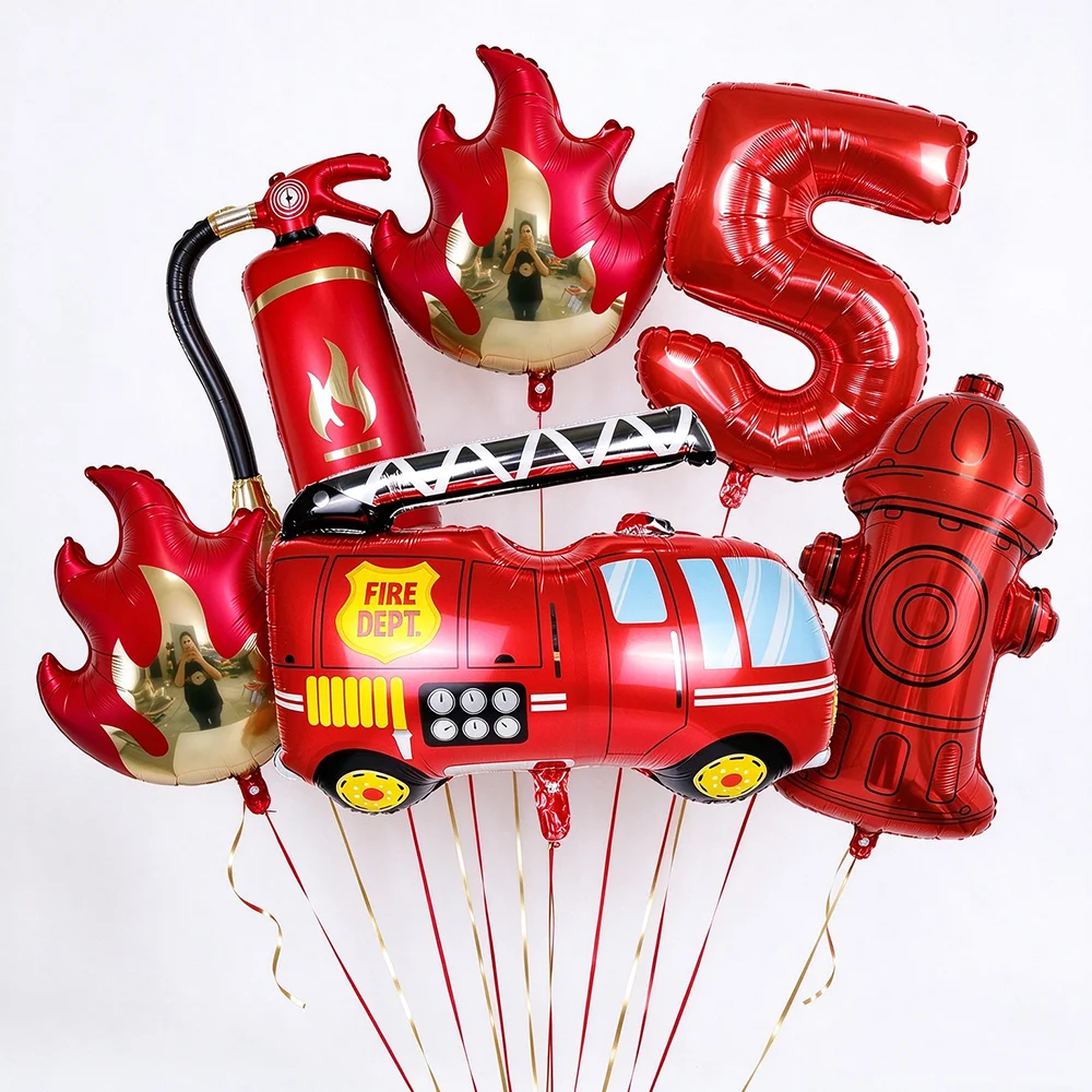 1Set Fire Truck Balloon Set Firefighter Theme Birthday Party Decorations Fire Engine Flame Foil Balloons Number Balloon Decor