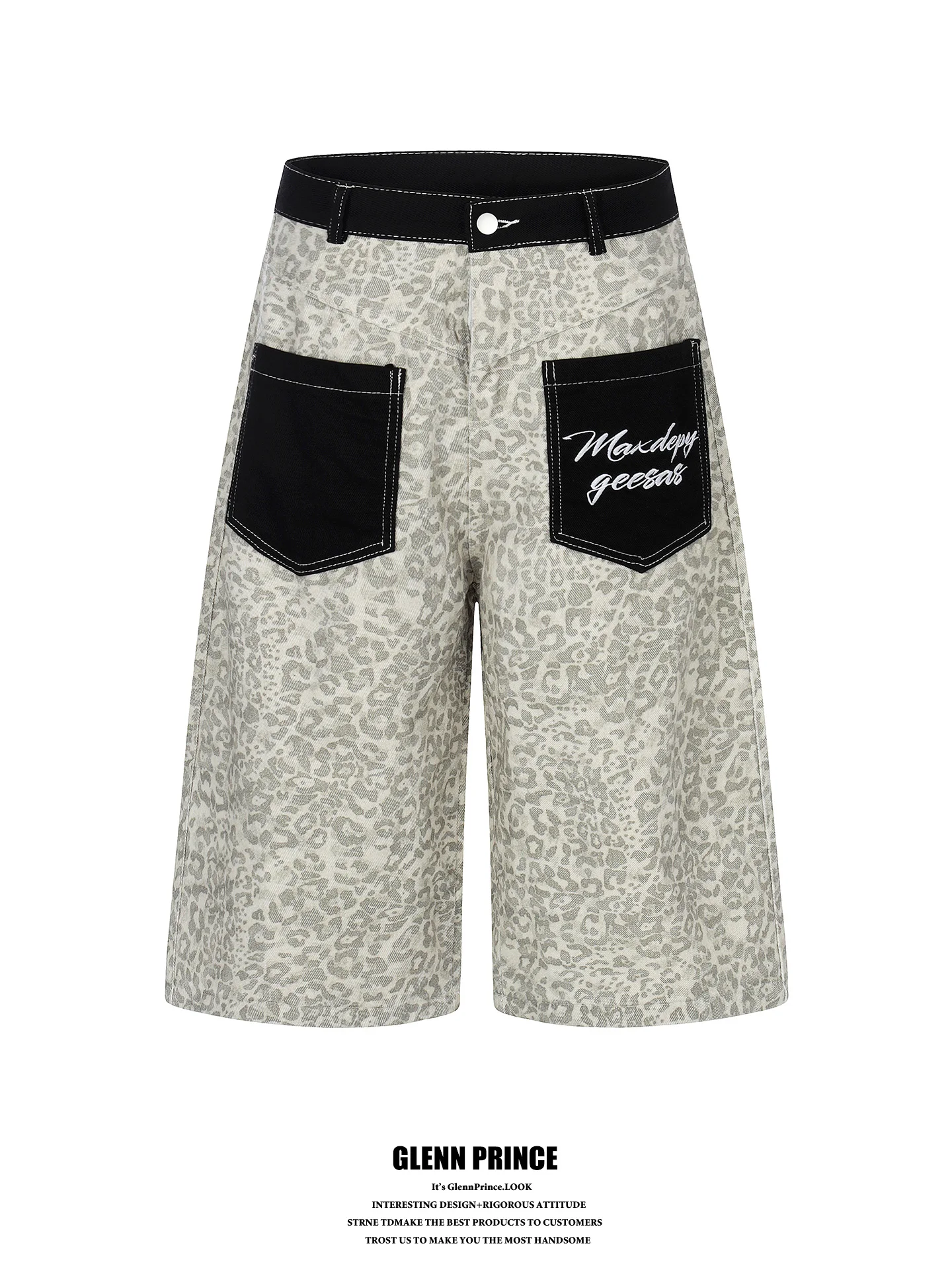 American Street Style Leopard Print Patchwork Pocket Backwear Seven-Foot Men's Design Sensation Hiphop Wide Leg Shorts