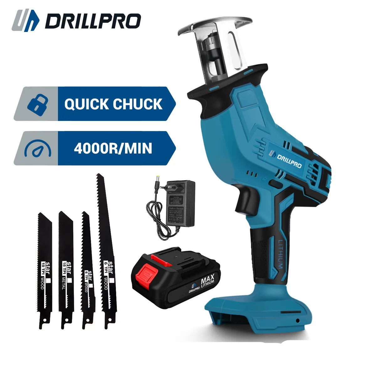 3000rpm 무선 왕복톱(4개 블레이드 포함) 고속 목재 금속 PVC 절단 톱 Mak 18V 배터리용 목공 도구 ...