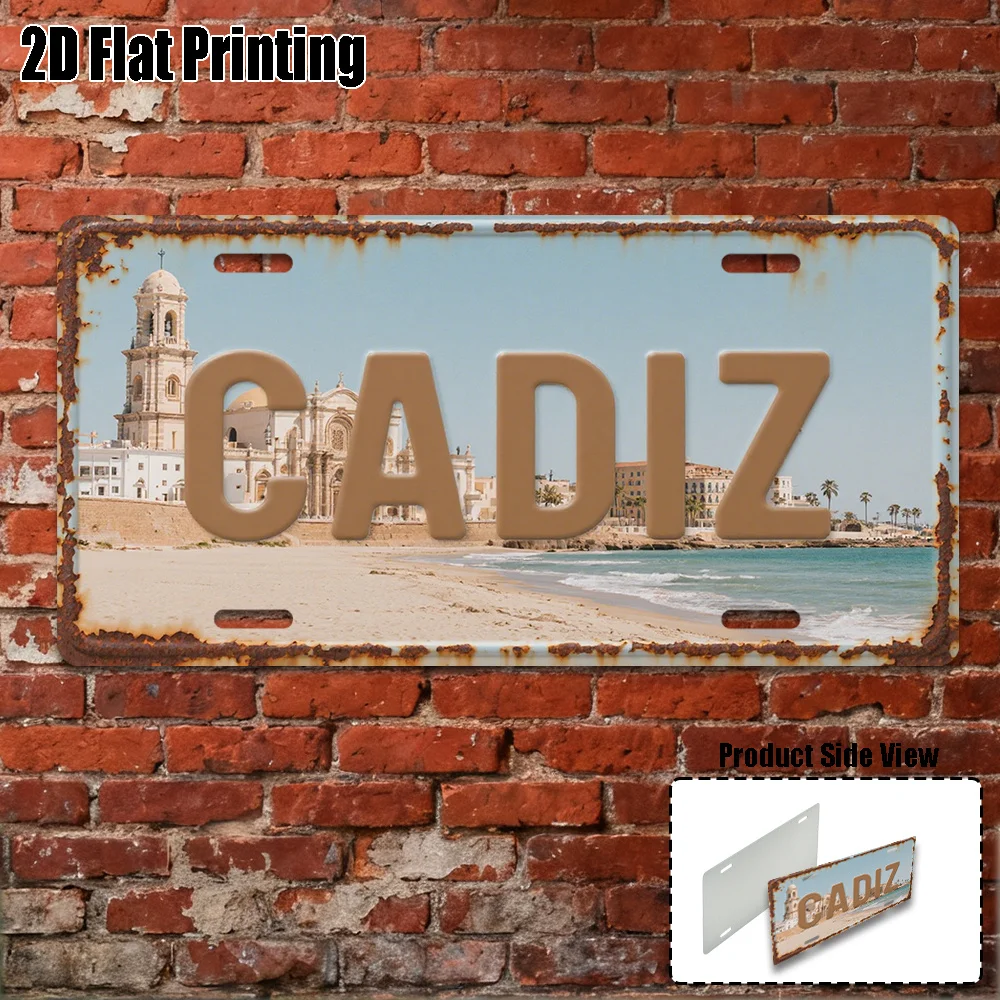 2D Flat, License Plate Cover and Frame, Decorative Use Only, Vintage Spain Cadiz License Plate Logo- Large Spain Landmark Pla