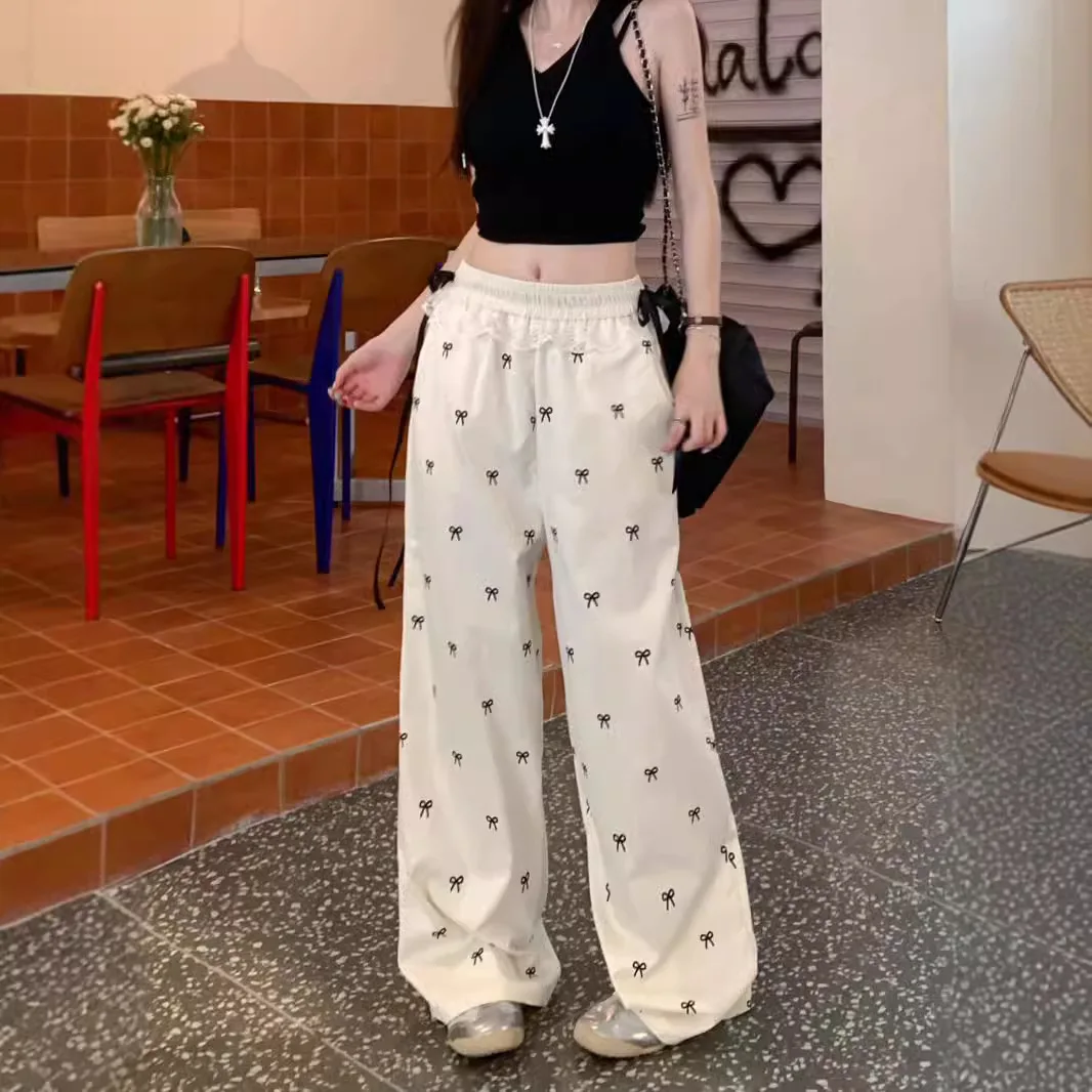 الحلو الدانتيل الربط السراويل القوس السراويل الصيف الجديدة فضفاضة مرونة الخصر السراويل المستقيمة