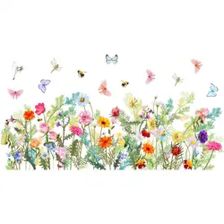 Easy Peel Stick Wall Art Waterproof Cartoon Plants Wall Sticker with Flower Grass Butterfly Decals for Room Girls Bedroom