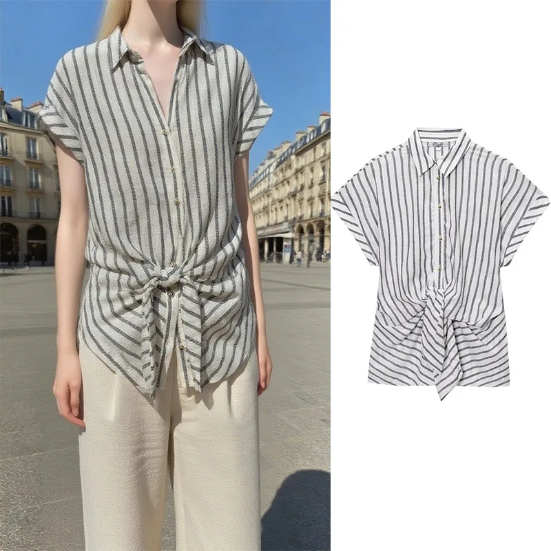 

TRAFZR Vintage Shirt Tops Woman 2025 Striped Elegant Women's Commute Short Sleeve Crop Summer Blouse Shirts Female Top Linen