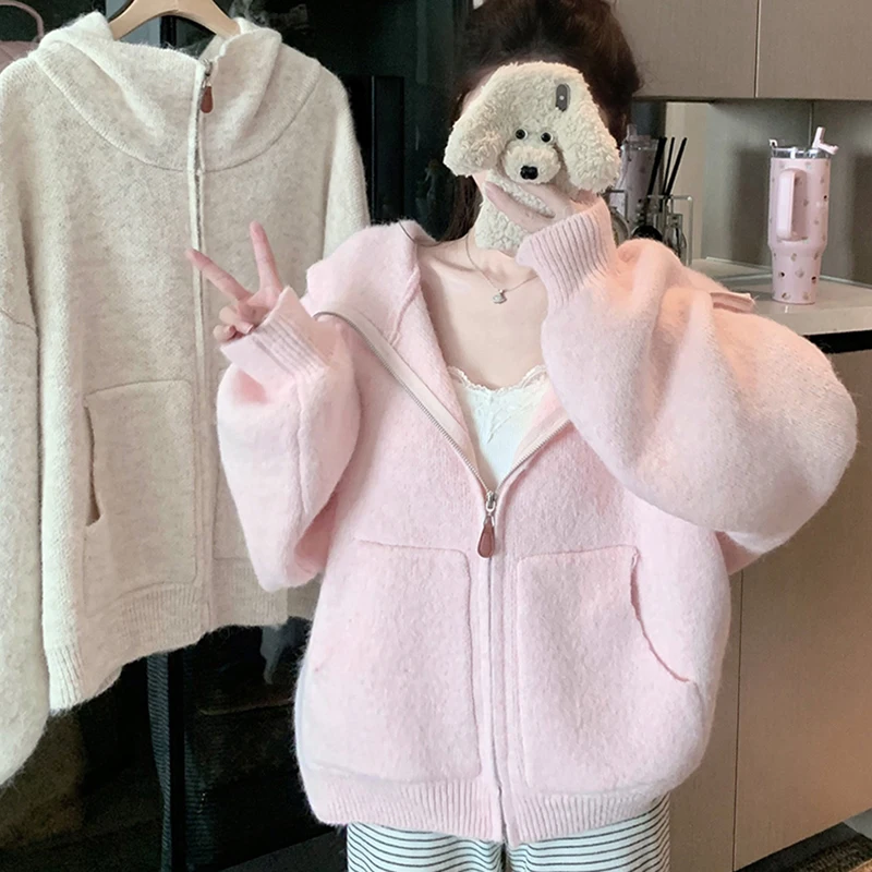 Sweet Hooded Knitted Cardigan Women Casual Loose Soft Zipper Sweater Fall Winter Solid All Match Warm Pocket Knitwear Outwear
