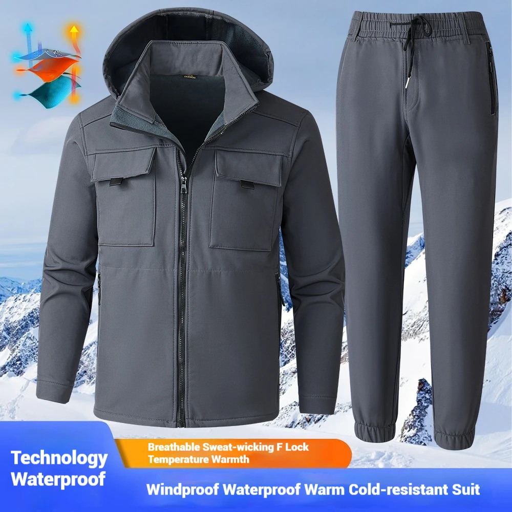 

Mens Thick Camouflage Plush Work Suit Winter Warm Windproof Waterproof Wear Resistant Elastic Full Body Labor Protection Clothin