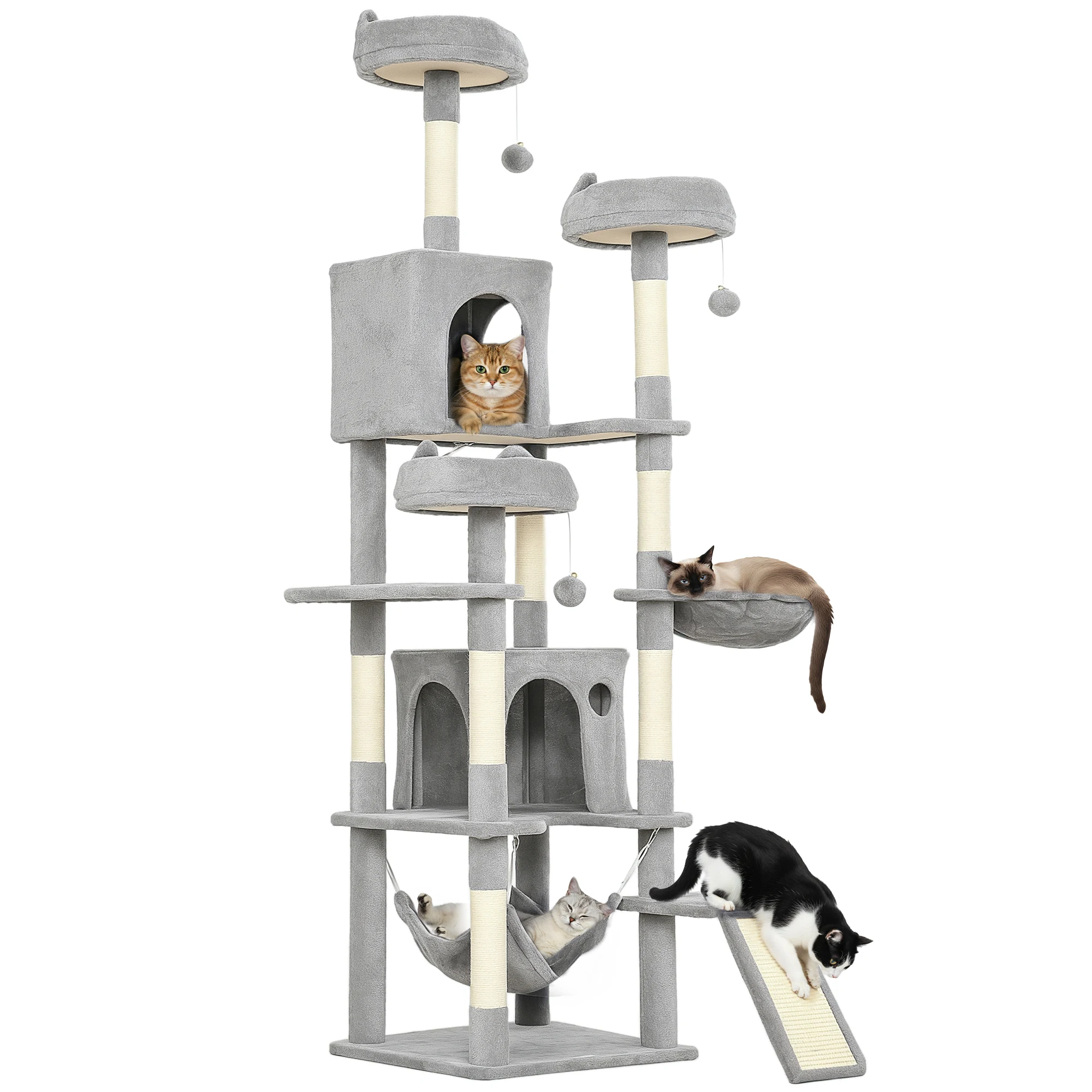 PawHut Arbre à chat géant hauteur 192 cm, tour de jeux pour chat, avec 8 poteaux à griffer, 4 plateformes, 2 niches, 2 hamacs, échelle et 3 boules, multi-niveaux idéal pour 2-3 chats, gris