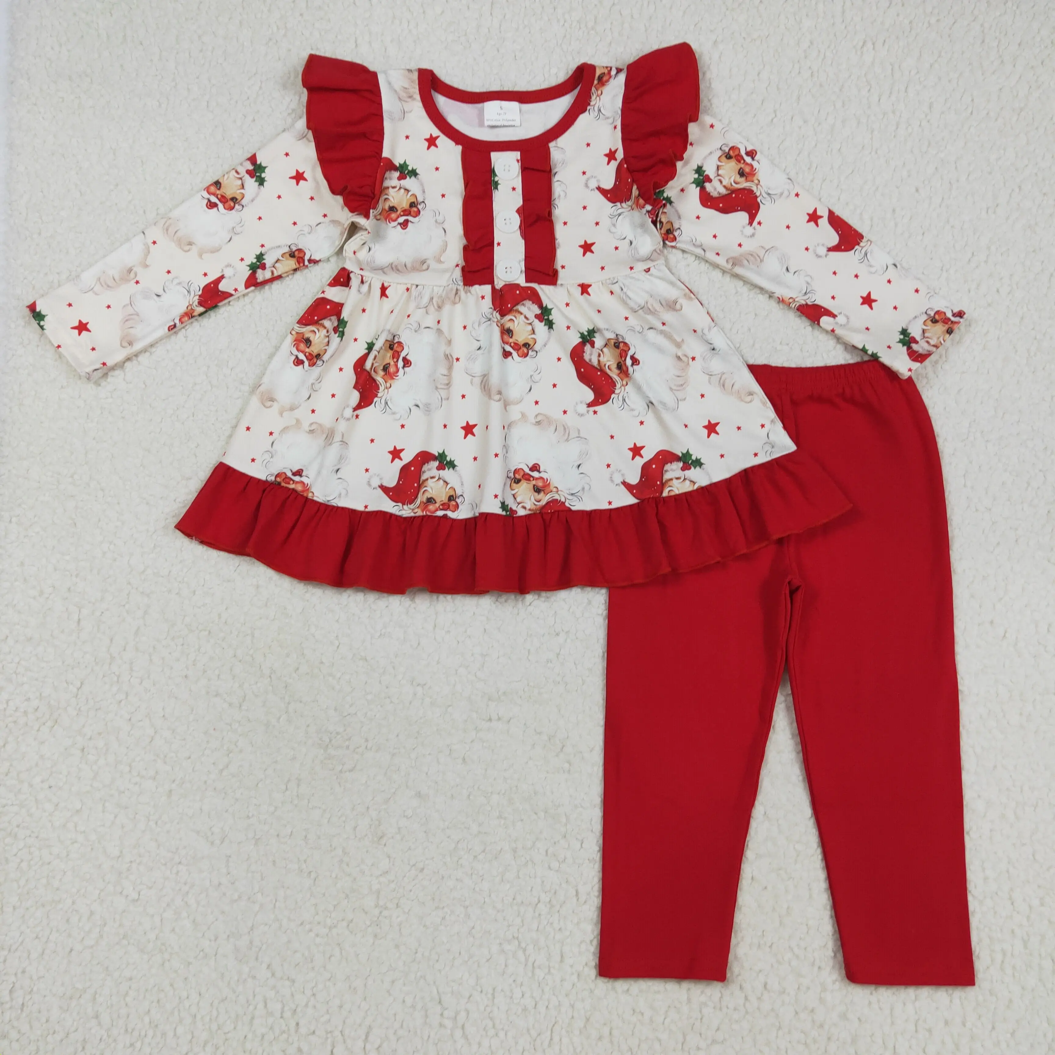 

Girls Santa Claus Star Red Lace Button Long Sleeve Pants Winter Clothing Wholesale Boutique Fashionable Outfit Suit