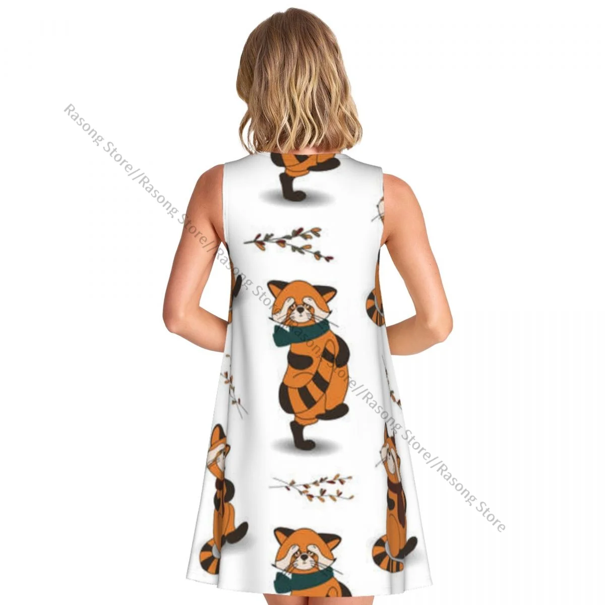 ชุดสตรีฤดูใบไม้ร่วงสัตว์แพนด้าแดงพิมพ์ฤดูร้อนสบายๆ T เสื้อชายหาด COVER UP Tank Dress