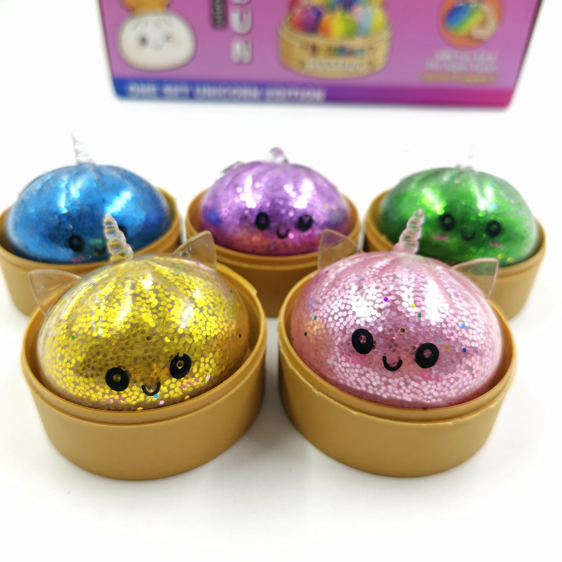 Mini Glitter Unicorn Dumpling Squishy With Steamer Box Squeeze Toy Relieve Stress for Adult Anti-Anxiety Gift