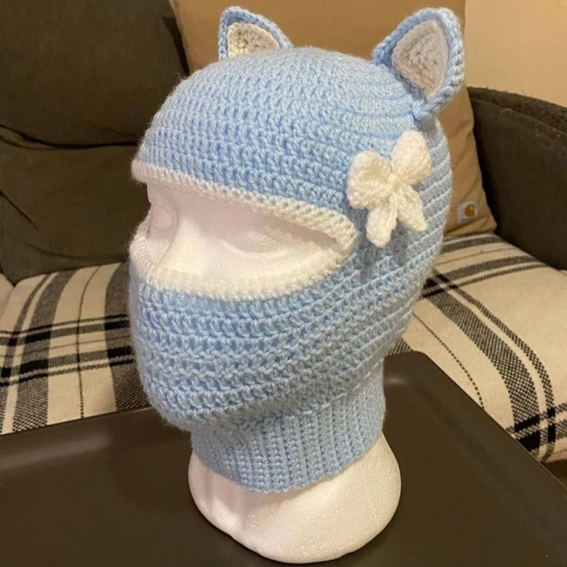

Cute Cartoon Bear Ear Hats Colorful Cap With Mask Warm Balaclava Winter Thickened Ear Protection Autumn Skullies for Women Girls
