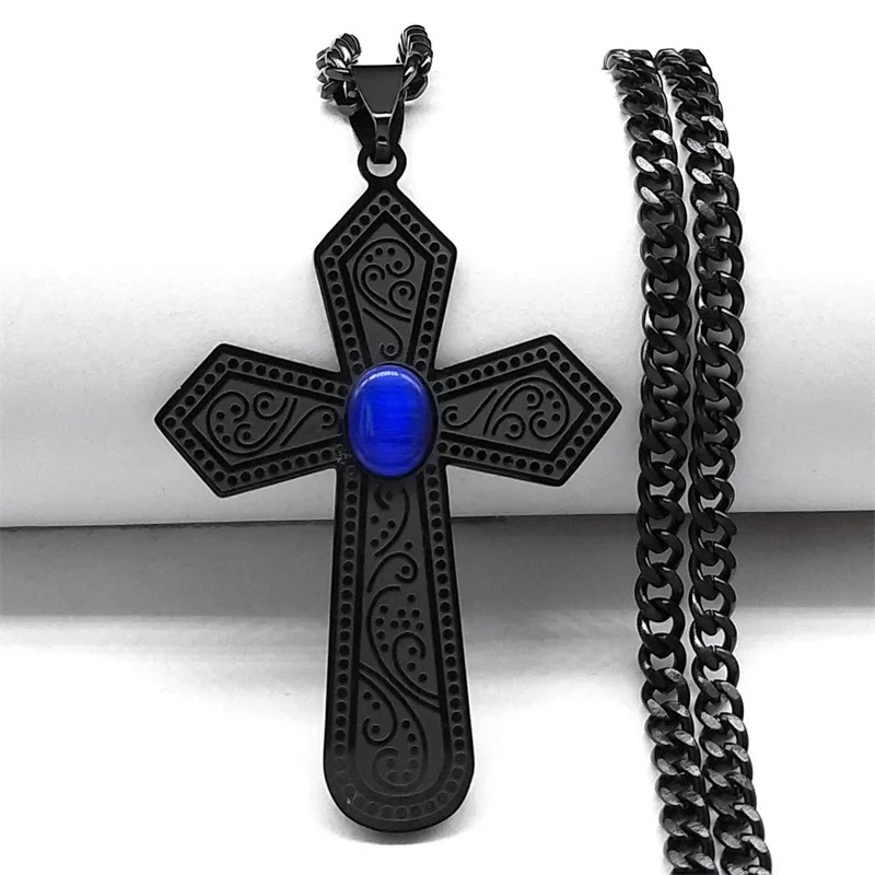 HNSP Vintage Black Cross Stainless Steel Pendant Chain Necklace For Men Jewelry Goth Accessories