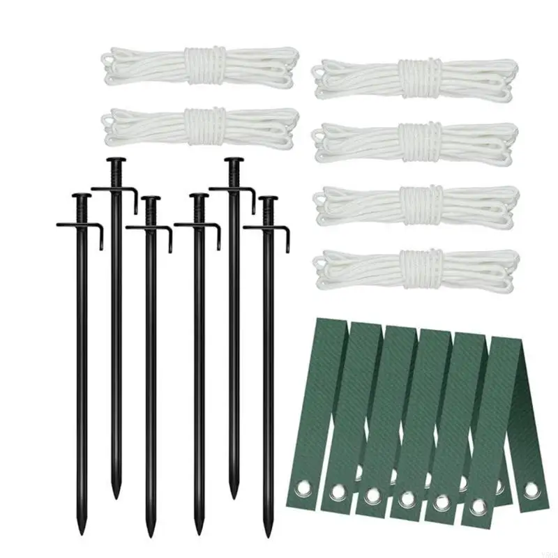 Camping Tent Stakes Set, 6 Carbon Steel 90 Degree Stakes with 6 Cords and 6 Tie Strap for Shelter Hold Use Y5GB