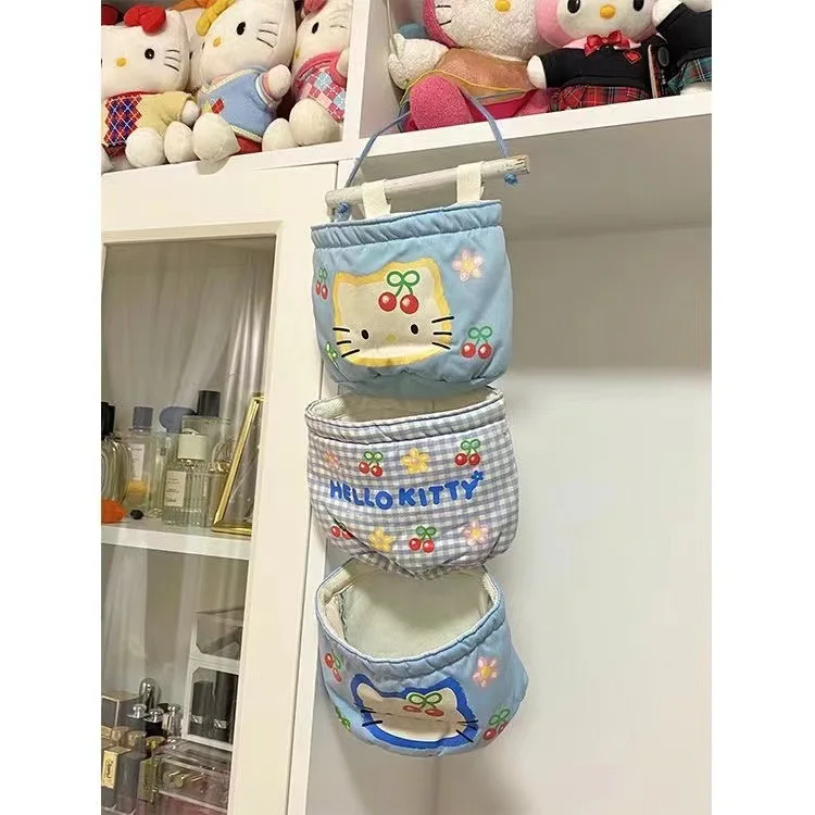 Sanrio Wall Closet Hanging Storage Bag Hello Kitty Pink Blue 3-Pocket Over Wall Home Storage Pouches Girls Bedroom Decorations