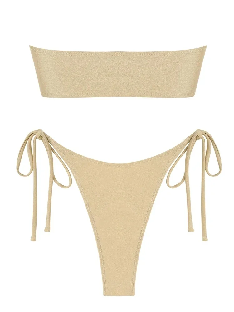 Damen-Badeanzug, trägerlos, solide Bandeau-Bikinis, hoher Schnitt, Röhren-Bikini-Set, Bademode, Push-Up-Oberteile, seitlicher Badeanzug, Strandmode