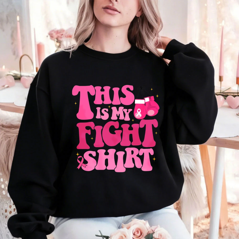 This Is My Fight Shirt Boxing Gloves Pink Ribbon Breast Cancer Awareness Graphic Pullover Casual Long Sleeve Loose Women Sweat