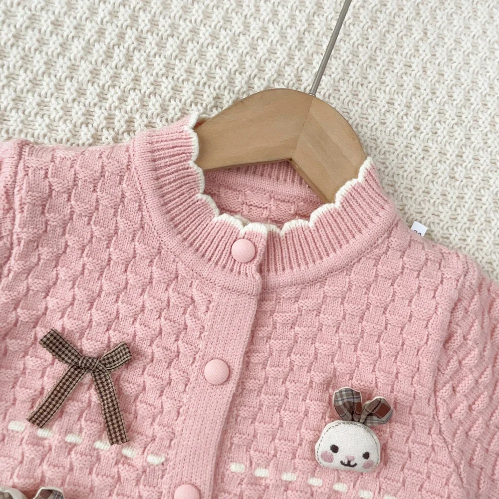 2-6 Jahre Altes Rosa Mädchen-Outfit für Herbst und Winter: Gestrickter Pullover + Plissierter Rock mit Cartoon-Häschen-Schleifendekoration Kinder-Set – Detail 10