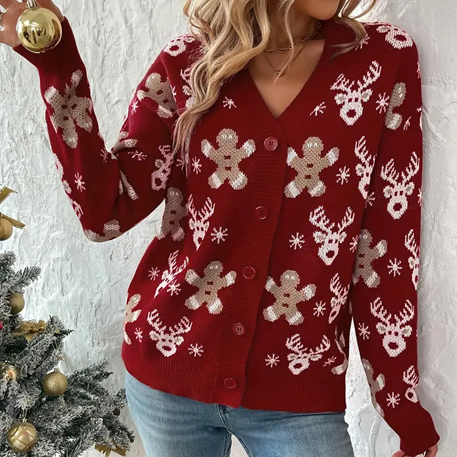 Combhasaki Women's Christmas Sweater Cardigans Long Sleeve Button-down V Neck Elk Gingerbread Man Print Knitwear Coat Tops