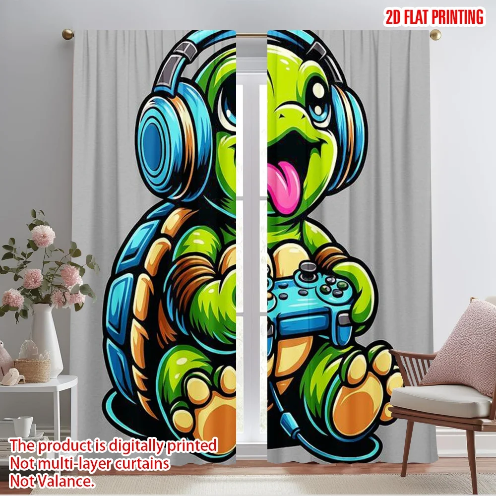 2pcs,2D plane printing Curtains Digital Printed Gamer Turtle Joy Versatile Polyester Fabric (without rod) Versatile All Use for