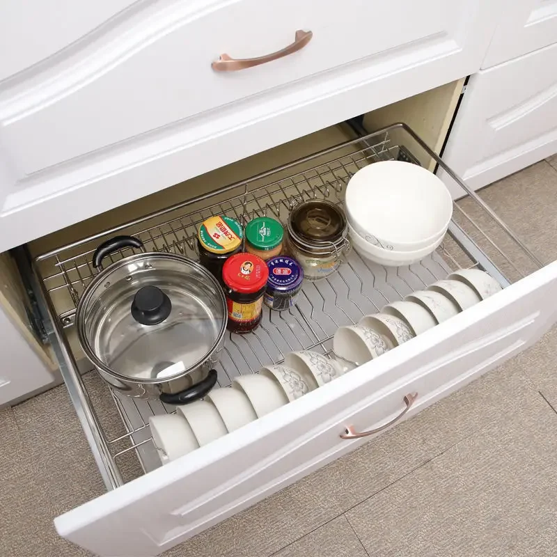 304 pull basket stainless steel solid damping buffer cabinet pull blue drawer bowl rack double layer dishes kitchen bowl pull
