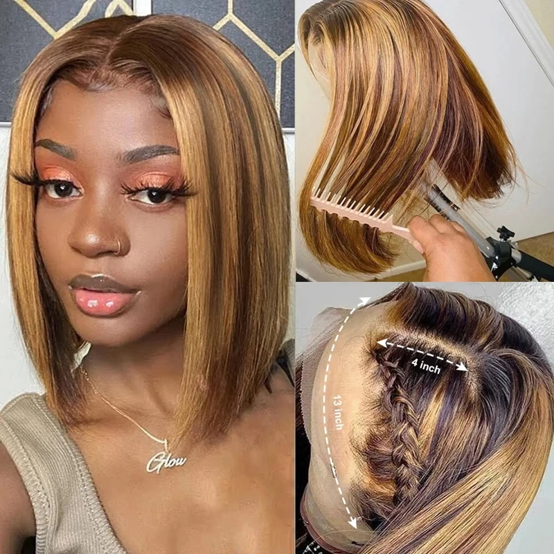 Прямой 13x4 кружевной фронтальный парик Боб, плотность 200%, прозрачные кружевные парики Боб, 4/27, омбре, предварительно выщипанные парики из 100% человеческих волос