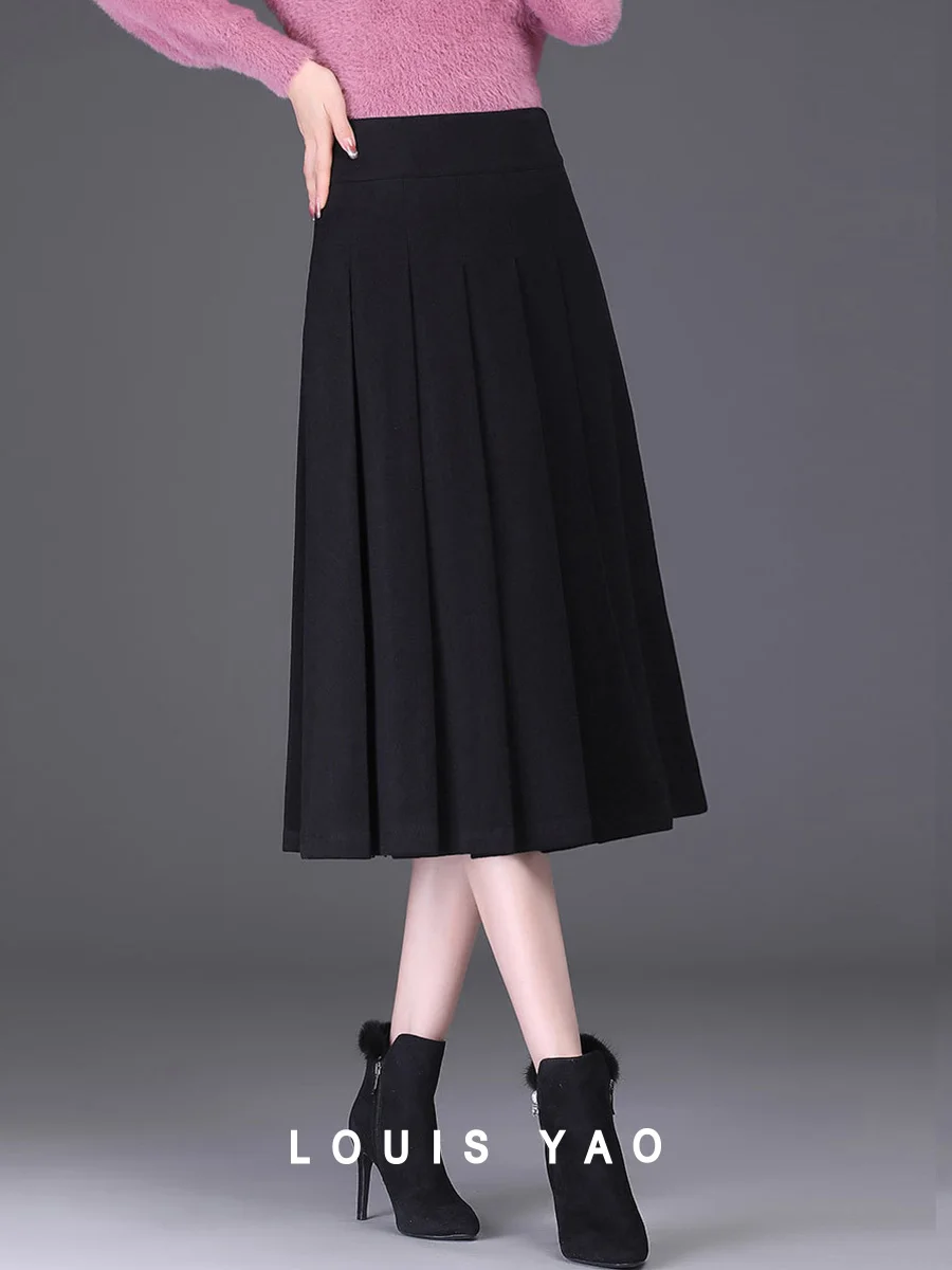 LOUIS YAO 2024 Winter Solid Color Pleated Woolen Long Skirt Elegant High Waist Warm Heat Storage Women's Half Skirt