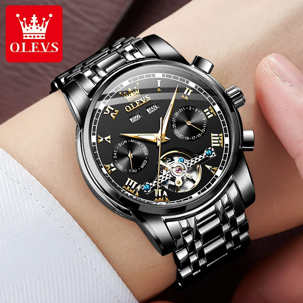 OLEVS Mechanical Men Watches Automatic Stainless Steel Waterproof Date Week Green Fashion Classic Wrist Watches 6607