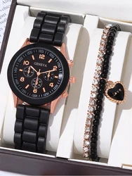 3PCs Women's Fashion Versatile Quartz Watch+Diamond Heart Bead String Bracelet Set