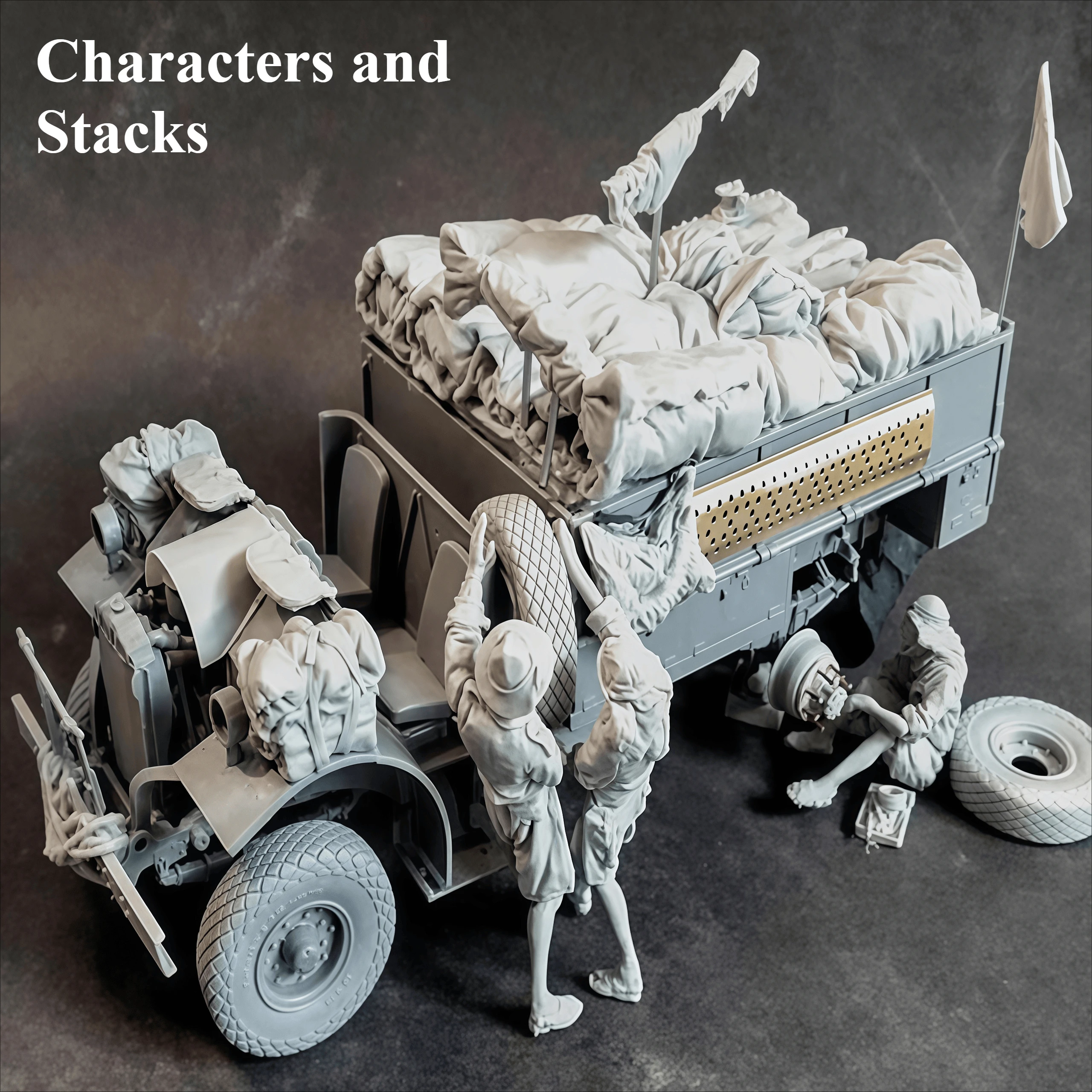 

1/35 фигурка из смолы, собранная модель, комплект грузовиков времен Второй мировой войны, 3 человека и аксессуары, миниатюрные игрушки в разобранном виде, неокрашенные