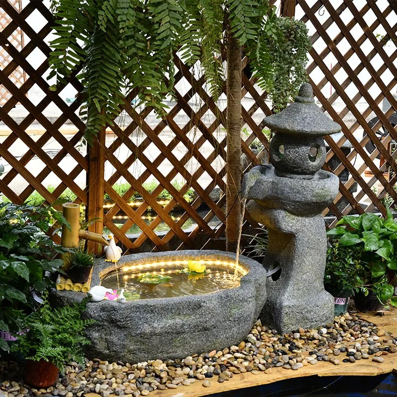 Floor-to-ceiling balcony living room flowing water ornament circulating water feature fountain fish pond Japanese garden