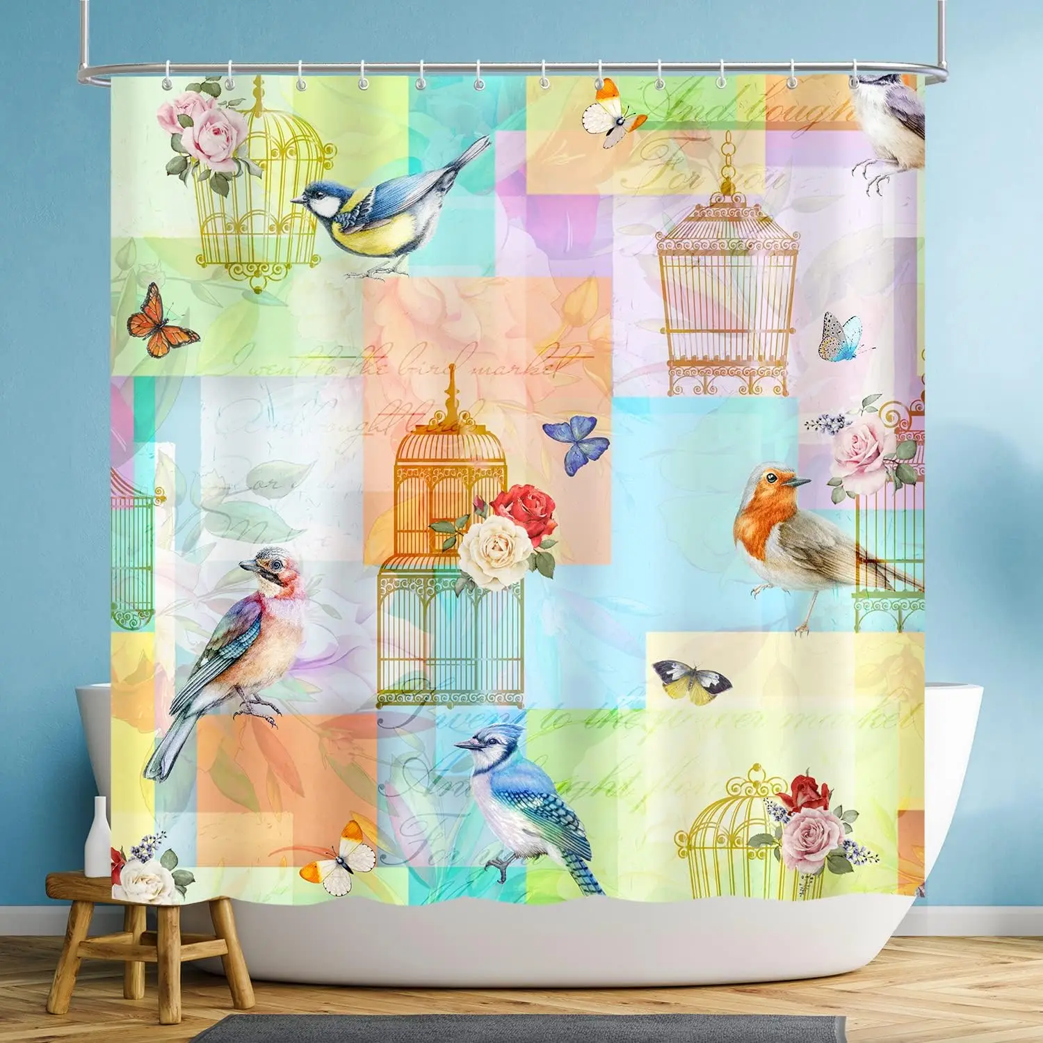 Hummingbird Floral Shower Curtain Watercolor Flower Plant Tropical Green Leaves Bird Butterfly Bathroom Decor Fabric with Hooks