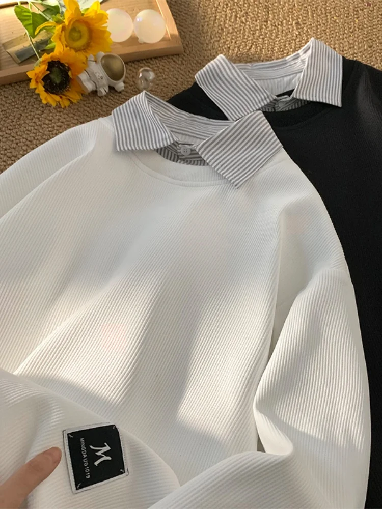 

Модная американская толстовка-обманка (имитация двухслойности) для мужчин, весна-осень, с отложным воротником, повседневная, удобная, свободного кроя, стильная.