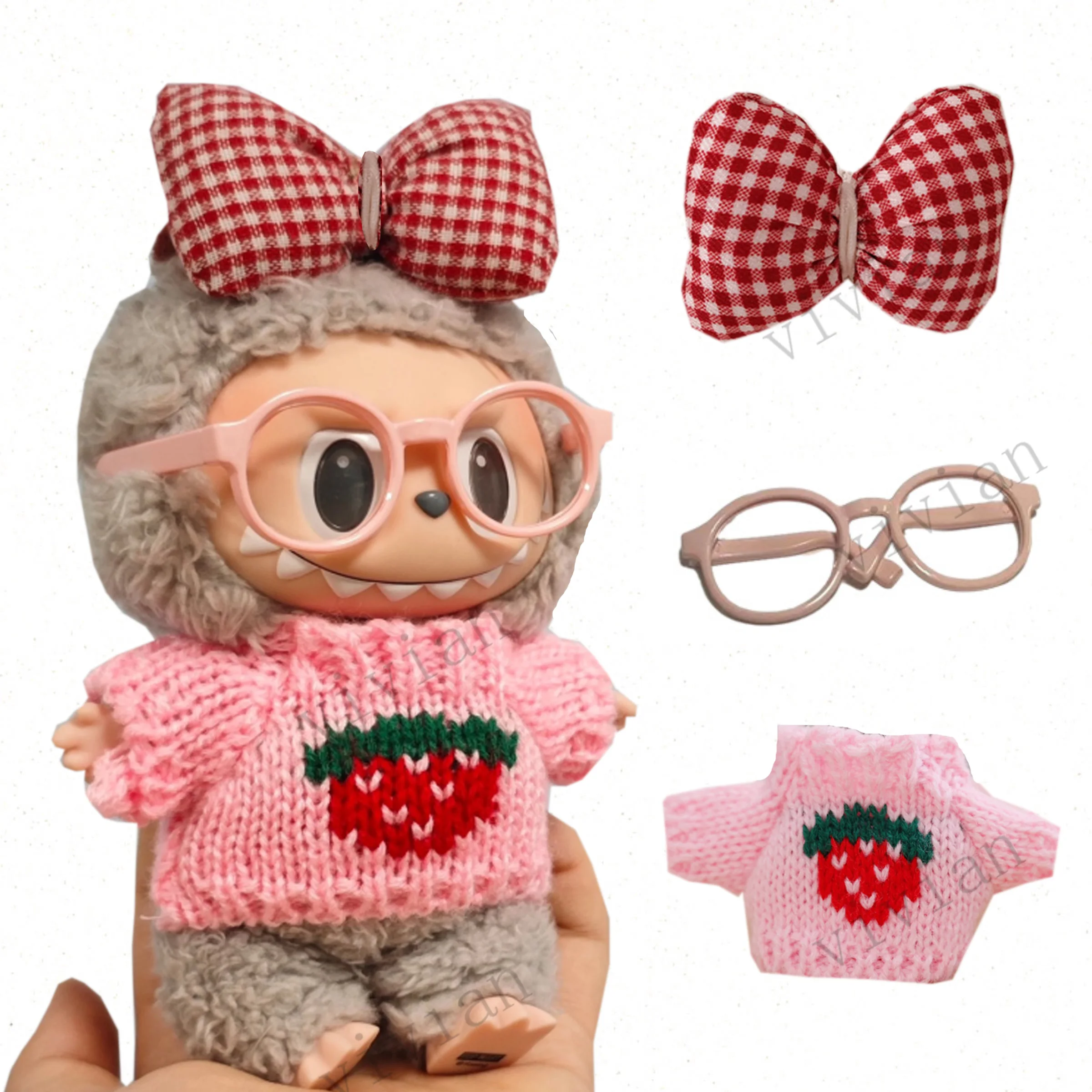 Mini Doll'S Clothes Outfit Accessories For Korea 15-17cm Labubu New Year's clothes Strawberry sweater polka dot bow Clothing