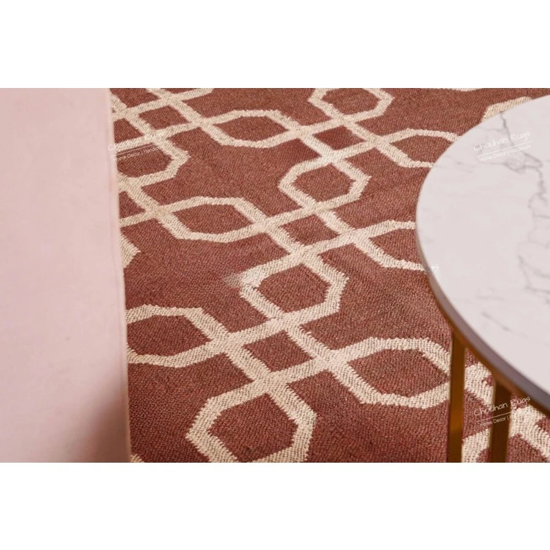 Bohemian Vintage Large Area Rug Brown Rug with White Pattern Wool Jute Rug