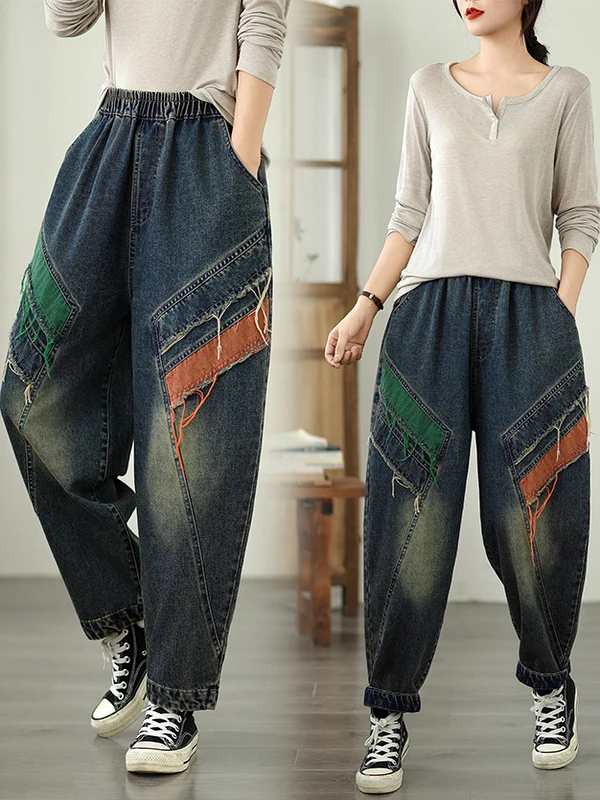 

Винтажные свободные джинсы в стиле Dad с высокой талией, пэчворк, цветные, в стиле Харадзюку, повседневные брюки из смесового хлопка и полиэстера, без эластана