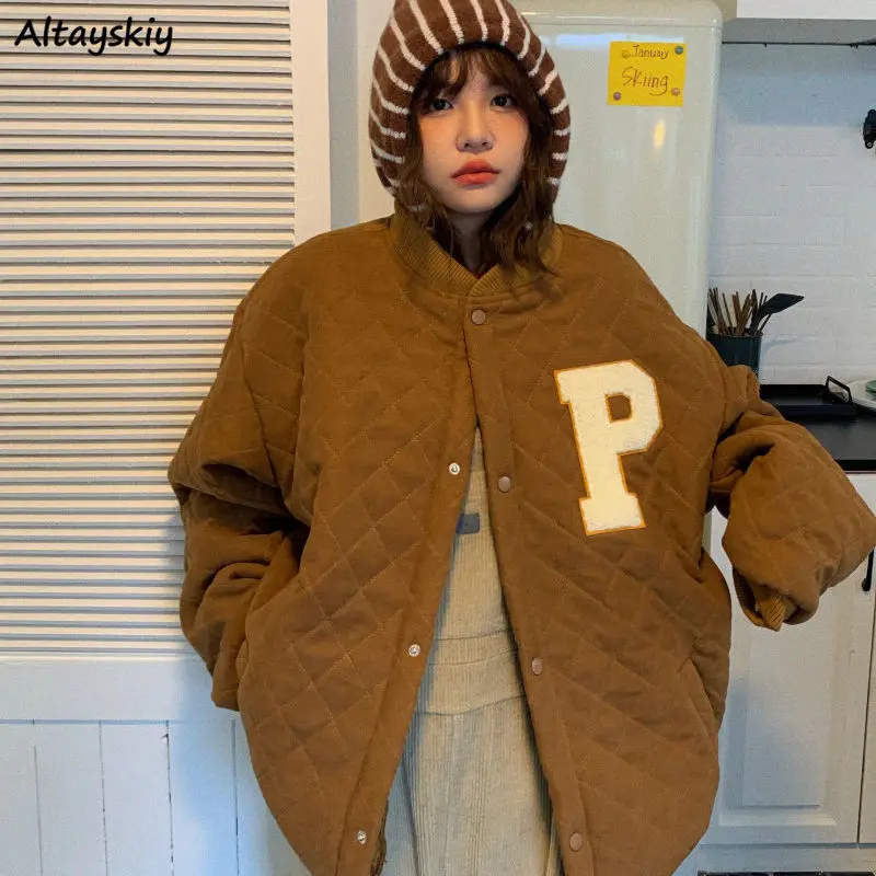 

Baseball Parkas Women Argyle Vintage High Street Lambswool Warm Thicken Winter Outwear Harajuku Single Breasted Hot Sale S-3XL