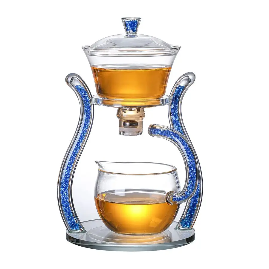 

Glass Teapot Set Semi Automatic Drip Rotating with Infuser Lazy Kungfu Tea pot Set Blue
