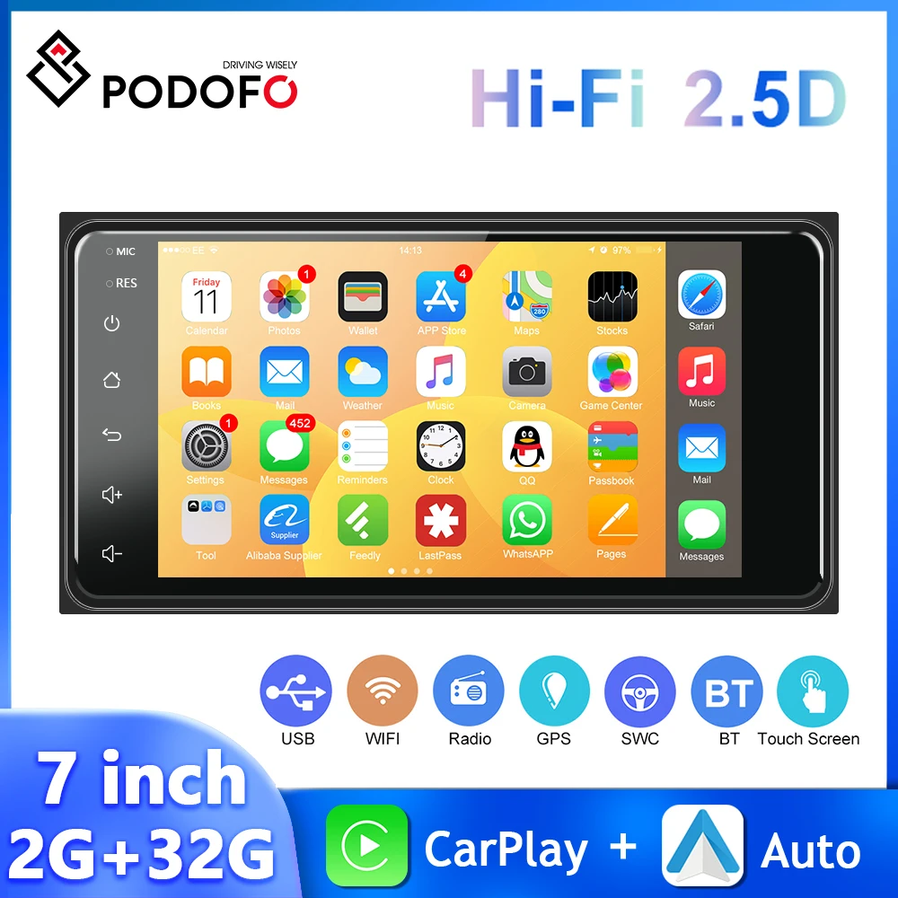 Podofo 7'' 2+32G Car Radio For Toyota Corolla Carplay Car Stereo Android Auto GPS Navigation WIFI Touch Screen Multimedia Player