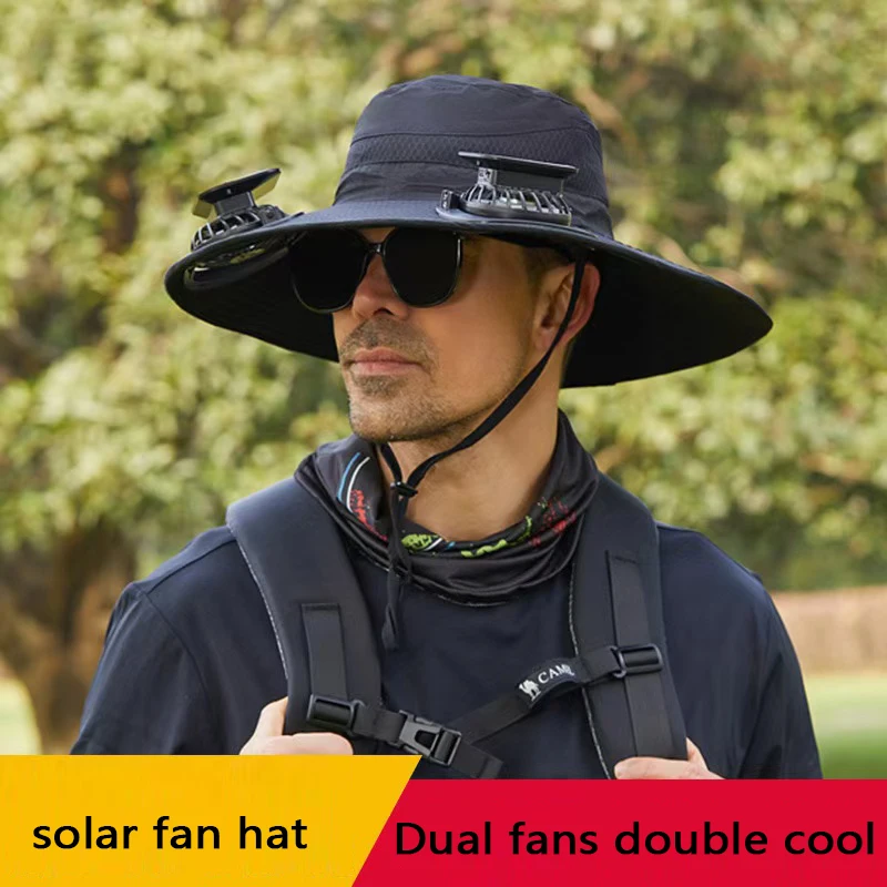 

Solar fan cap with three levels of wind conditions, dual fans, dual coolness