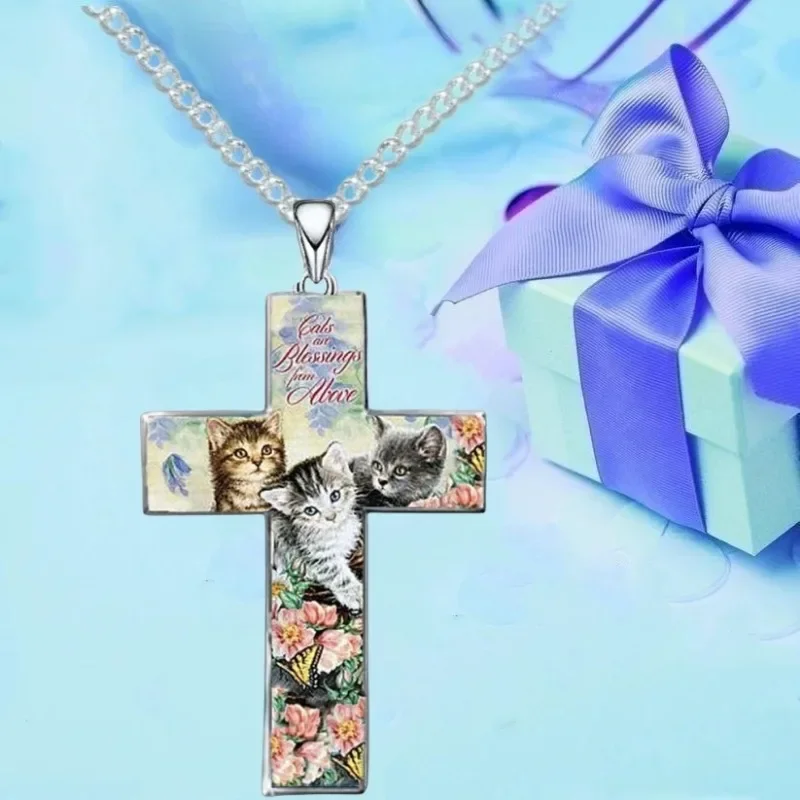 Stylish and Exquisite Three Cats Cross Pendant Necklace for Kid Christian Religious Jewelry Accessories for Friend Birthday Gift image 6