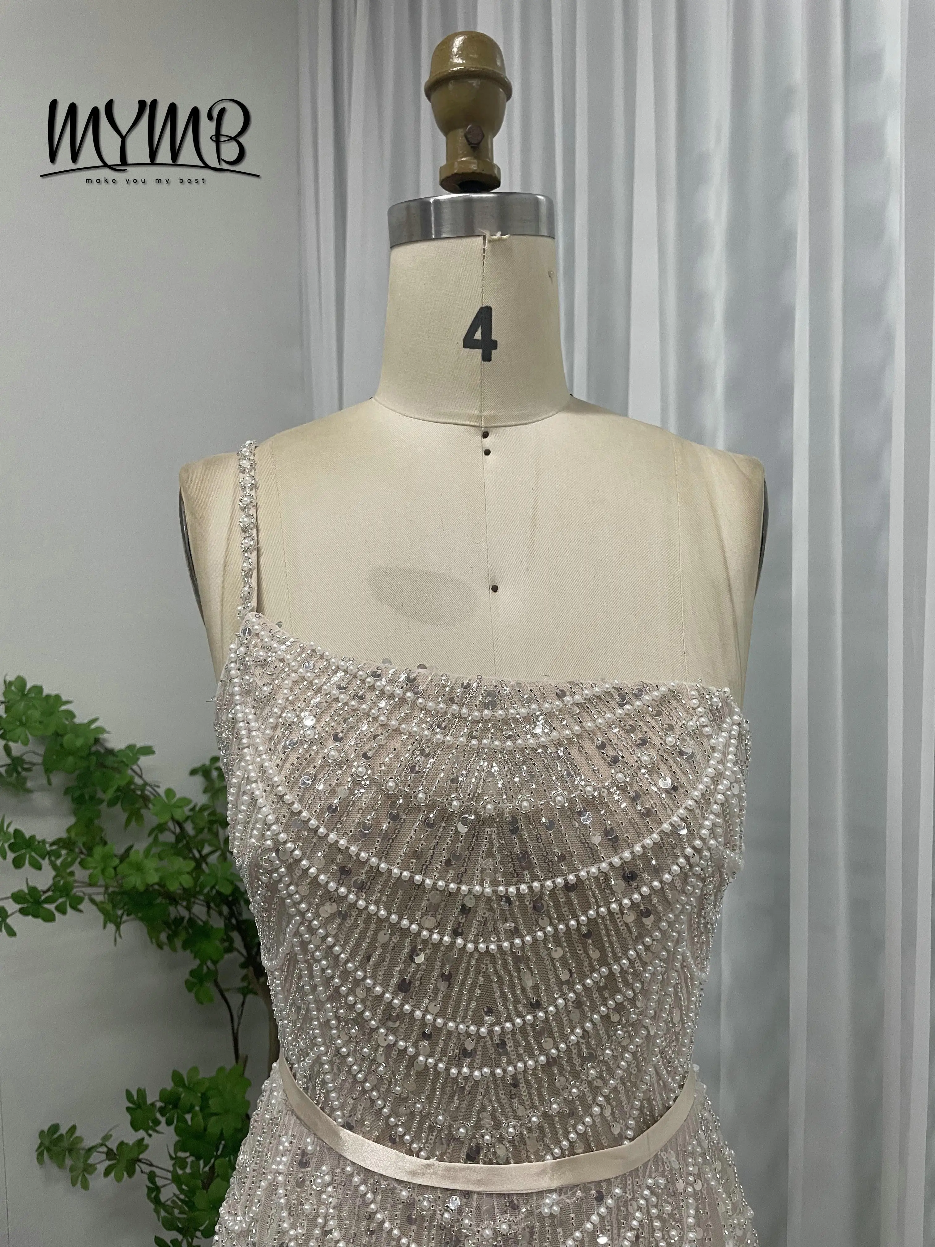 Ekskluzywna, elegancka suknia ślubna w kształcie litery A, zdobiona perłami, cekinami i luksusowymi ramiączkami spaghetti, suknia wieczorowa z paskiem MY30088