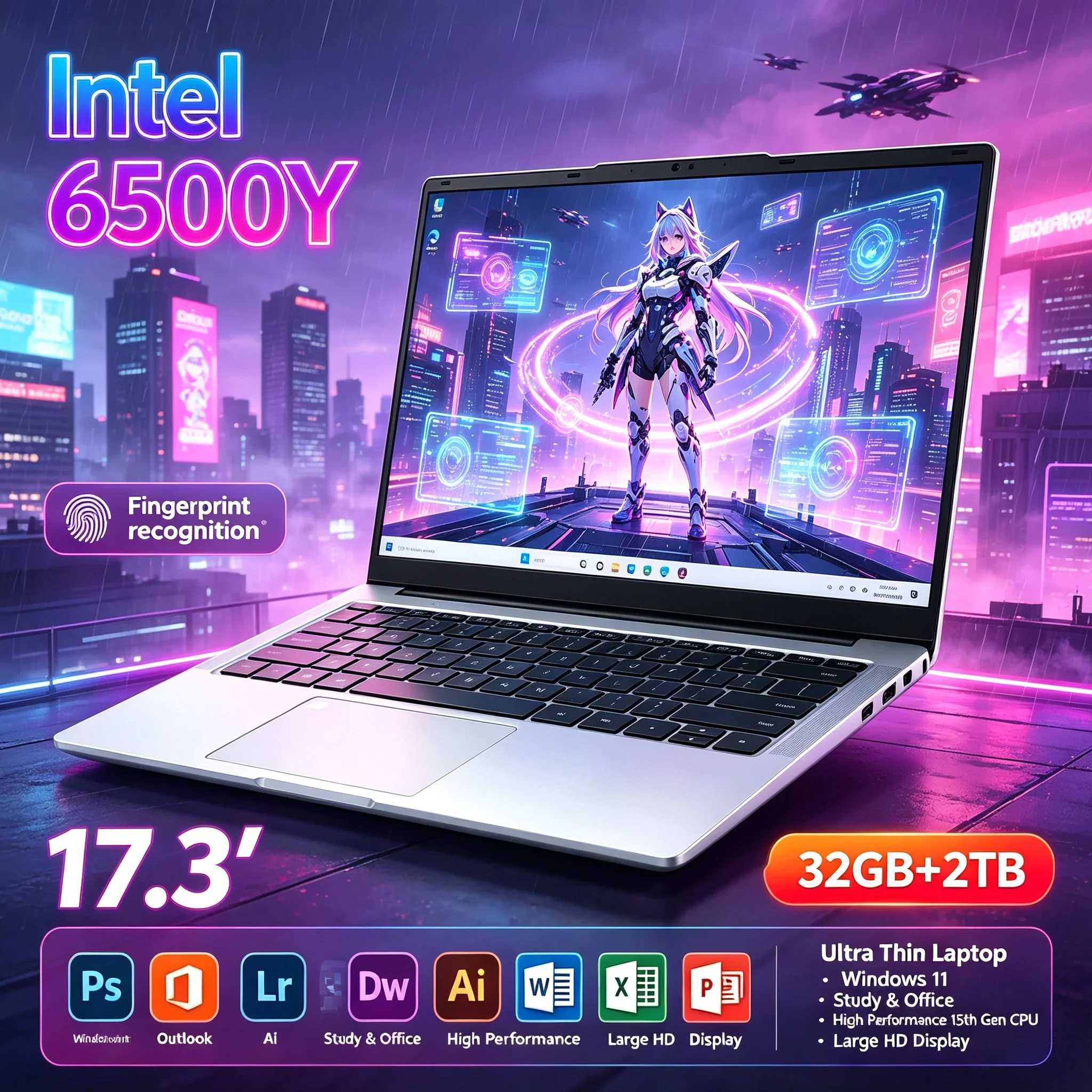 17.3'' Inch Portable Laptop Large HD Screen Intel 6500Y 32GB RAM 1TB 2TB SSD Windows11 WiFi6 BT5.2 Notebook For Household Office